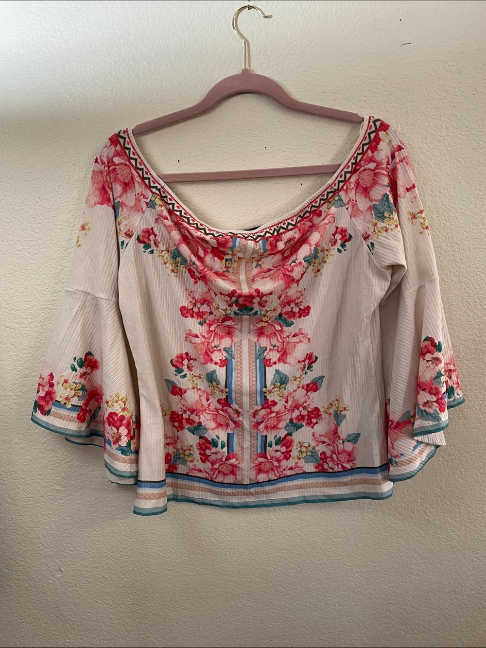 Boston Proper Floral Off-the-Shoulder Blouse floral bell sleeves feminine XL